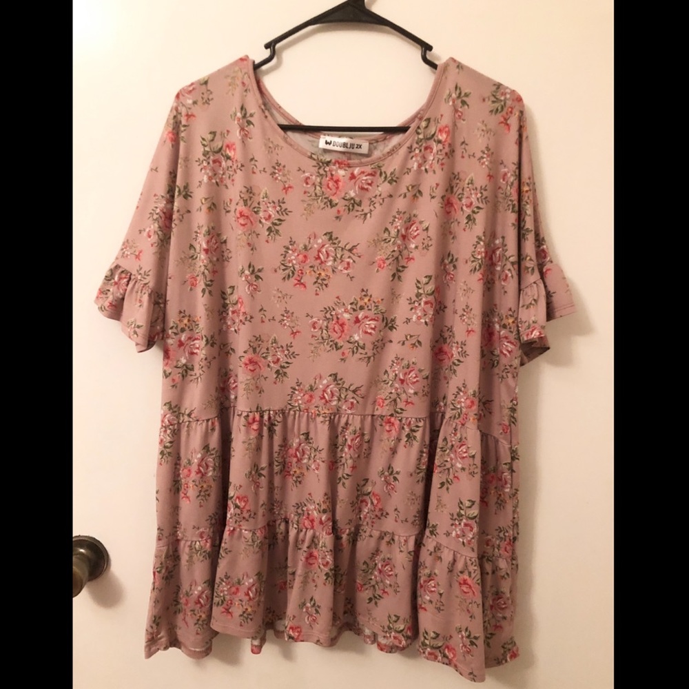 DoublJu Short Sleeve Floral Ruffle Tunic
